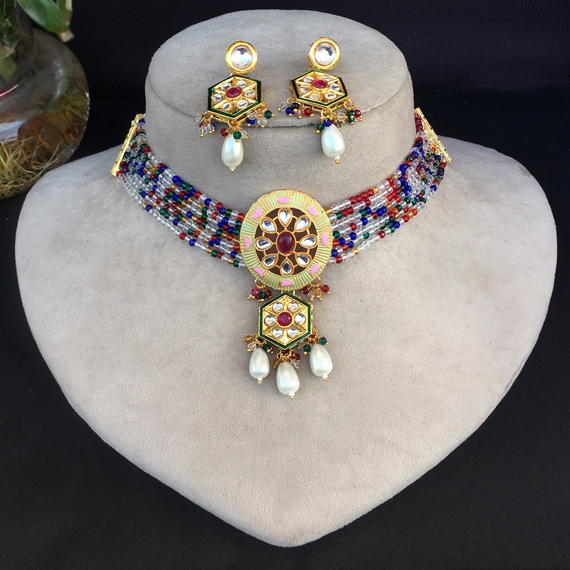Parure De Bijoux Indienne Bollywood - Collier, Boucles, Tikka - Plaqué Or Kundan - Neuf Sans Emballage