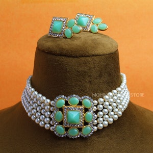 Indian CZ Jewelry,Choker Necklace,Wedding Jewelry,Indian CZ Choker,Indian Necklace,MintGreen Choker With Earring,Bridal Jewelry,Gift For Her