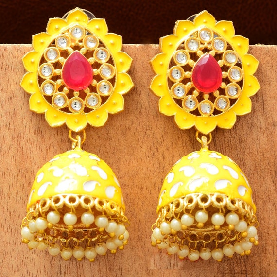 Yellow meenakari earrings discount