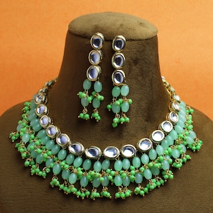 Kundan Necklace,Indian Jewelry,Wedding Jewelry,Indian Kundan Jewelry Set,Ethnic Jewelry,Green Beads Necklace,Bridal Jewelry,Gift For Her