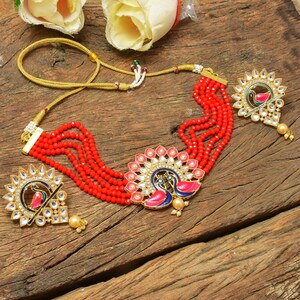 Peacock Design Necklace,Indian Jewelry,Wedding Jewelry,IndianChoker,Indian Necklace,Red Beads Choker,Bridal Jewelry,Handmade KundanJewelry