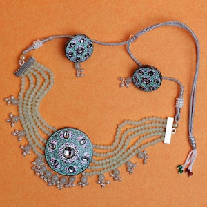 Indian Kundan Jewelry Set,Kundan Necklace,Indian Jewelry,Wedding Jewelry,Ethnic Jewelry,MintGreen Beads Necklace,Bridal Jewelry,Gift For Her