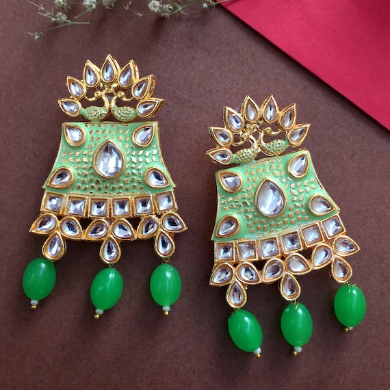 Mint Green Kundan Earring Traditional Earring Bollywood Earring Indian Earring Wedding Jewelry Indian Bridal Jewelry Statement Earring
