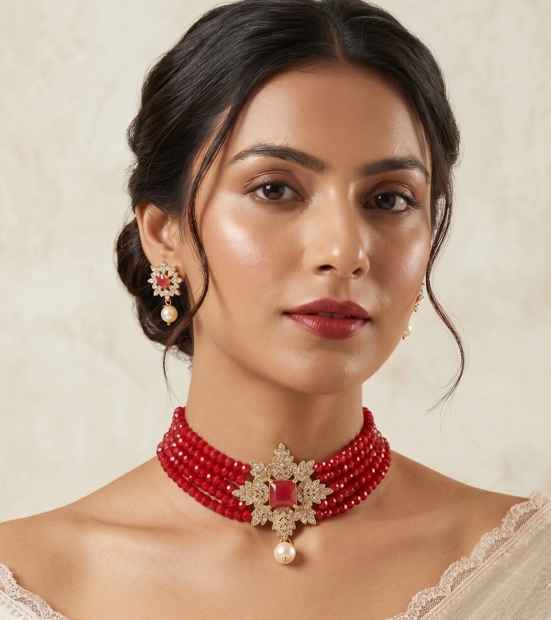 Red Crystal Beaded Choker Necklace Set, Indian Wedding Jewelry - Etsy