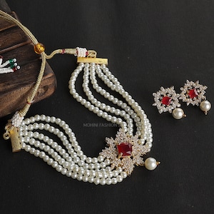 Indian CZ Necklace,Indian Choker Necklace,IndianJewelry,WeddingJewelry,BridalNecklace Set,PartyWear Necklace,Gift For Her,White Beads Choker