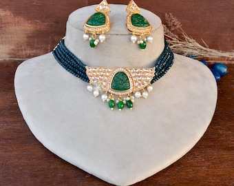 Set di collana girocollo Kundan con perline verdi, gioielli da sposa indiani