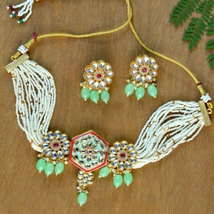 Bridal Jewelry,Kundan Necklace with Earrings,Indian Jewelry,Wedding Jewelry,Kundan Jewelry,Ethnic Jewelry,Mint Green Choker,Valentines Gift