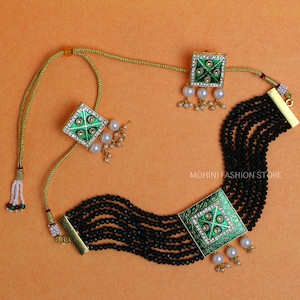 Indian Meenakari Choker Necklace,Indian CZ Jewelry,Wedding Jewelry,Indian Choker,Indian Necklace,Green Beads Choker,Bridal Jewelry