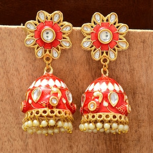 Red Jhumka Earring,Indian Kundan Earring,Bollywood Jewelry,Wedding Jewelry,Statement Earring,Bridal Jewelry, Handmade Meenakari Earring