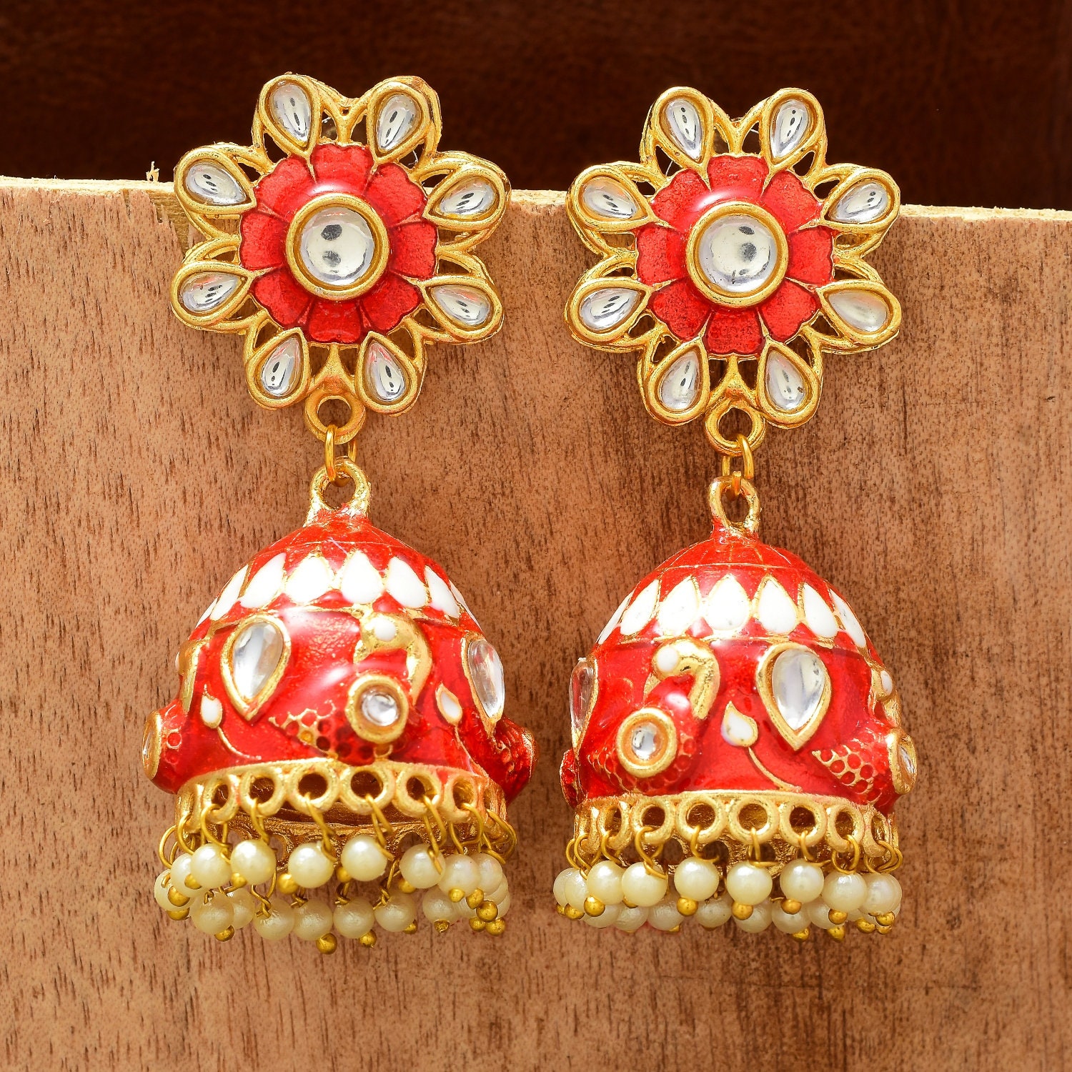 Stone Studded Red and Golden Jhumka Earrings Jewelry 212JW05