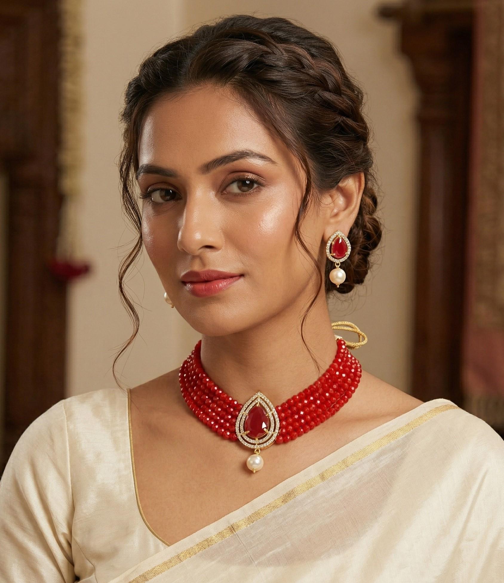 Red Beaded Gold Plated Choker Necklace Set, Indian Wedding Jewelry