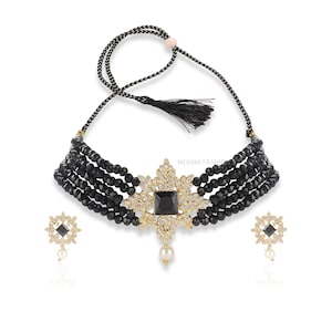 Black Choker,Indian CZ Necklace,Indian Choker Necklace,Indian Jewelry,Wedding Jewelry,Bridal Necklace Set,HandmadeJewelry,PartyWear Necklace