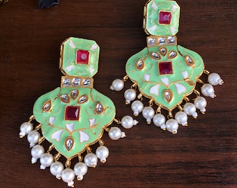 Mint Green Kundan Pearl Earrings: Indian Wedding Jewelry