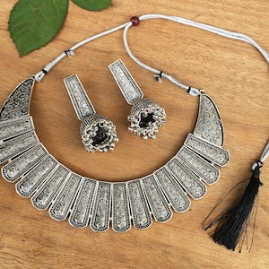 Oxidised Jewelry,Indian Jewelry,Oxidised Silver Choker Necklace with Earring,Statement Necklace,Traditional Jewelry,Antique Jewelry