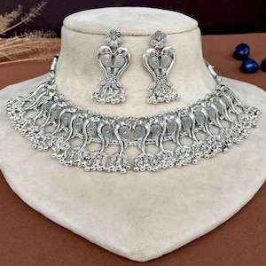 Oxidised Jewelry,Indian Jewelry,Oxidised Silver Choker Necklace with Earring,Statement Necklace,Traditional Jewelry,Antique Jewelry