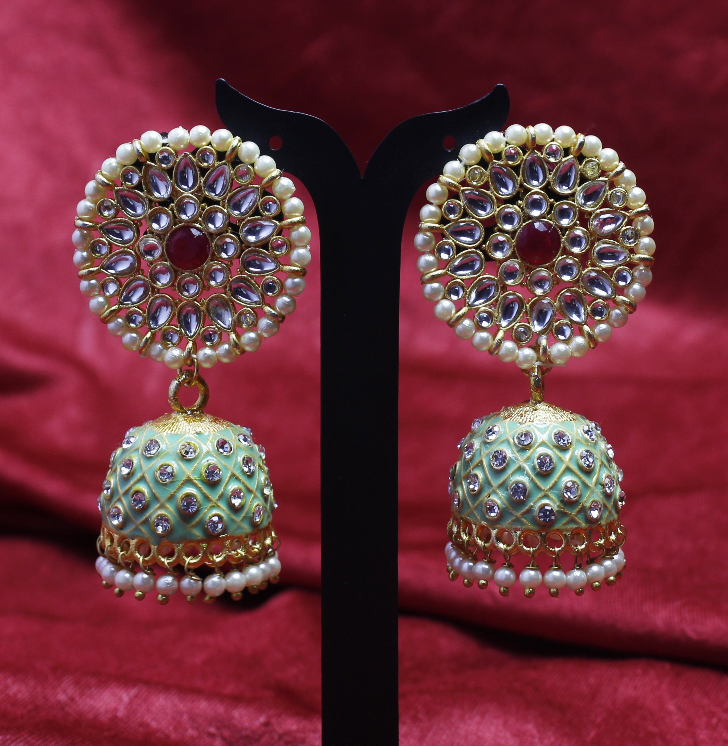 Women Gold Plated Pearl Fashion Pista Jhumki Earrings Indian Bollywood Jewelry
