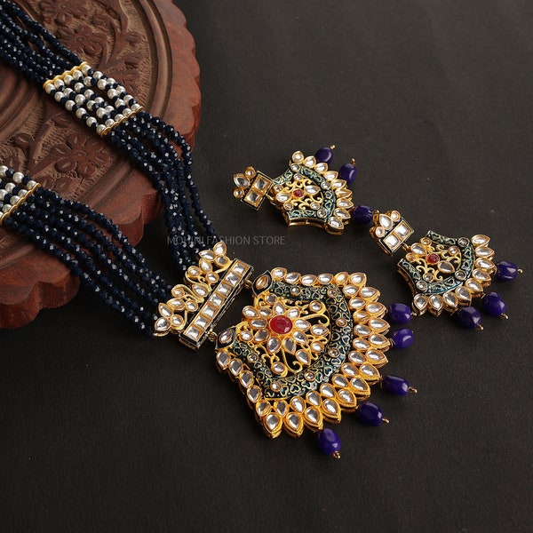 Indian Kundan Jewelry,Multi Strand Handmade Necklace,Wedding Jewelry,Indian Long Necklace,Navy Blue Kundan Necklace Set,Gift For Her