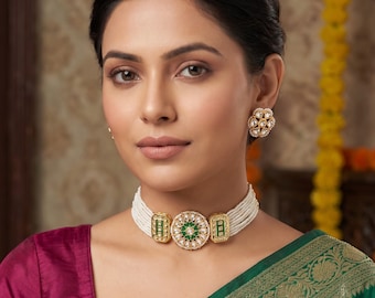 Green Meenakari Kundan Choker Necklace Set, Traditional Indian Bridal Wedding Jewelry