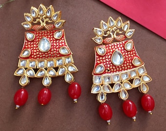 Red Kundan Indian Earrings: Bollywood Wedding Jewelry