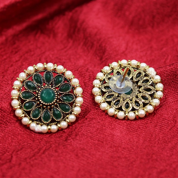 Green Stud, Kundan Pearl Earring,Gold Plated Handmade Big Statement Studs Earring,Indian Jewelry,Indian Wedding Jewelry,Statement Jewelry