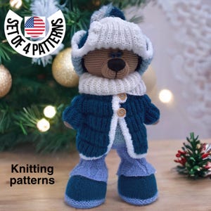 May include: Knitting pattern for a blue and white crocheted teddy bear wearing a hat, scarf, and coat. The pattern is called "Set of 4 Patterns".