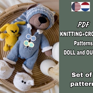 May include: A set of two knitting and crochet patterns for a doll and outfit. The doll is a brown teddy bear wearing a blue and white striped hat and a blue knitted outfit. The outfit includes a pair of white crocheted slippers. The patterns are available as a PDF download.