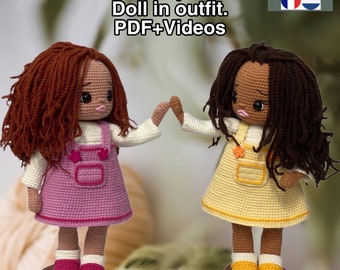 Modèle de poupée Amigurumi. Poupée au crochet en tenue amigurumi. Lot de 2 motifs. Patron de poupée PDF + 26 vidéos