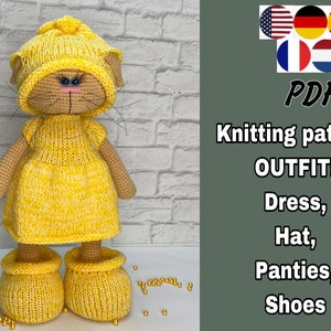 Puede incluir: Patrón de tejido PDF para un atuendo de crochet amarillo para una muñeca. El atuendo incluye un vestido, un sombrero, bragas y zapatos.