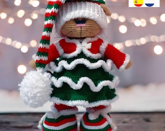 Haakpatroon kerstpoppenkleding | Outfit voor konijn, beer en kat | Amigurumi-kleding voor de feestdagen | Poppenoutfit van 29-31 cm | Pdf-zelfstudie