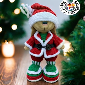 SET de 2 PATRONES. Tutorial de crochet Conjunto de ropa «Papá Noel» y patrón de conejito. Conejito amigurumi con disfraz de Navidad.PDF