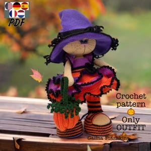 May include: Crochet pattern for a Halloween witch outfit. The outfit is purple, orange, and black with a witch hat and a pumpkin. The pattern is called "Only OUTFIT" and is by Galina Ptashkina.