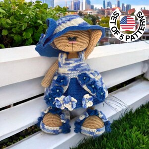 SET of 5 PATTERNS. Crochet pattern outfits. Amigurumi clothes set. Outfit for bunny cat or bear toys. Only crochet. Read the description