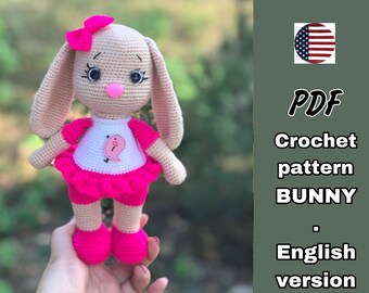 Bunny crochet pattern. AMIGURUMI bunny doll toy. English version PDF. Height 8.6 inches