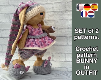 Crochet patterns amigurumi bunny doll, Tutorials Pyjama Sleepwear Clothes set, Amigurumi crochet handmade toy, stuffed bunny, SET of 2 PDF