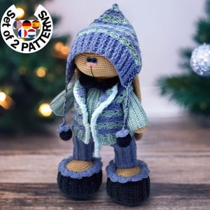 Peut inclure: Un lapin en crochet portant un chapeau, une veste et un pantalon bleus et verts. Le lapin porte des pantoufles bleues et noires. Le lapin est debout sur une surface en bois. "Set of 2 Patterns" est écrit sur une étiquette dans le coin supérieur gauche de l'image.