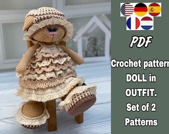 SET of 2 PATTERNS. Amigurumi cat in outfit "Boho". Crochet pattern kitty doll and clothes set. PDF. Read the description