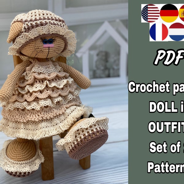 SET of 2 PATTERNS. Amigurumi cat in outfit "Boho". Crochet pattern kitty doll and clothes set. PDF. Read the description