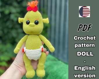 CROCHET PATTERN green baby doll. Amigurumi troll doll pattern. English Tutorial PDF