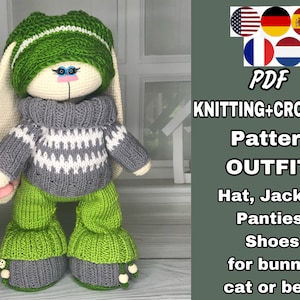 May include: Knitting and crochet pattern for a bunny, cat or bear outfit. The pattern includes instructions for a hat, jacket, panties, and shoes. The pattern is available in PDF format.