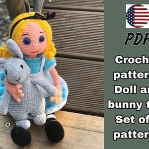 Amigurumi Puppe mit Häschen Spielzeug. Häkelanleitung Kaninchen und Puppe. Englische Version PDF