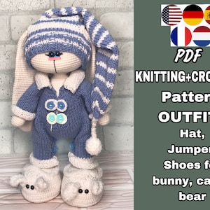 OUTFIT - KNITTING and Crochet pattern «Pajamas» for cat, bear or bunny. Clothes for dolls. Knitting Pajamas. Only Clothes set PDF