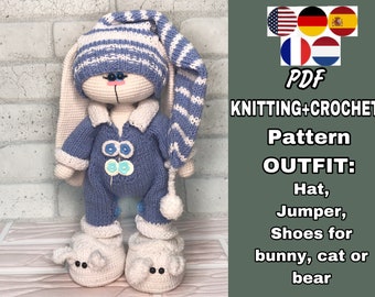 OUTFIT - KNITTING and Crochet pattern «Pajamas» for cat, bear or bunny. Clothes for dolls. Knitting Pajamas. Only Clothes set PDF