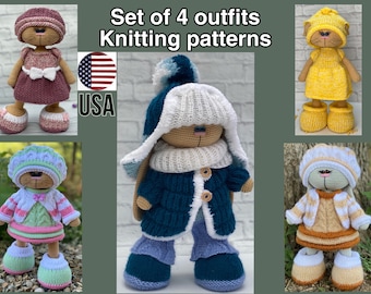 SET of 4 PATTERNS. KNITTING pattern outfits. Amigurumi clothes set. Outfit for bunny cat or bear toys. Only knitting. Read the description