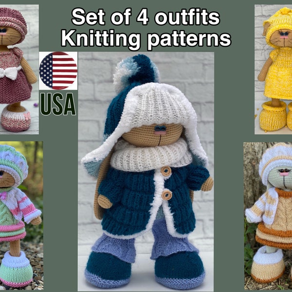 LOT de 4 MOTIFS. Tenues de patron de TRICOT. Ensemble de vêtements Amigurumi. Tenue pour lapin chat ou ours. Uniquement du tricot. Lire le descriptif