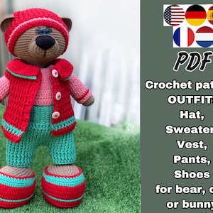 May include: Crochet pattern PDF for a hat, sweater, vest, pants, and shoes outfit for a bear, cat, or bunny. The outfit is red, pink, and green.