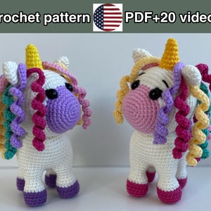 CROCHET PATTERN Unicorn toy. Amigurumi Doll. Crochet tutorials animals. English version PDF + 20 Videos. Height 6 inch. Read the description