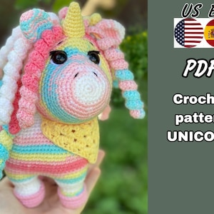 Unicorn crochet pattern PDF. Amigurumi unicorn toy. English and Spanish version. Height 7 inches