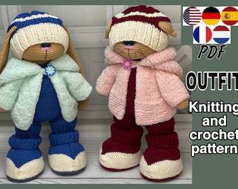 Patrón de tejido y crochet para CONJUNTO. Tutorial de tejido de conjunto «Jeans» para muñecos de conejo, gato u oso. Conjunto exclusivo para juguetes. PDF