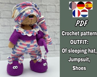 Crochet PATTERN CLOTHES set Pajamas for cat, bear or bunny. Amigurumi outfit for dolls. PDF