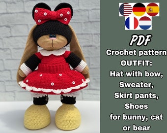 AMIGURUMI Crochet pattern OUTFIT for bunny doll, diy tutorial, Crochet clothes doll «Lady Mouse» for bunny, bear or cat.  Only clothes. PDF